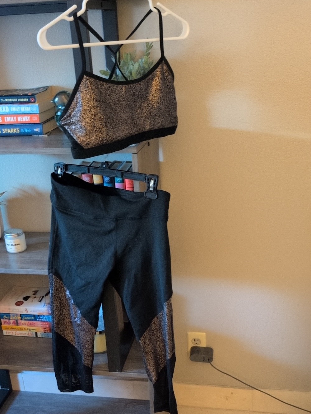 Fabletics Black Leggings and Metallic Bronze Sports Bra Set
